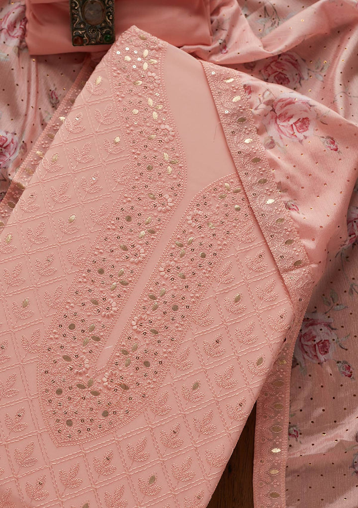 Baby Pink Threadwork Georgette Designer Unstitched Salwar Suit - koskii