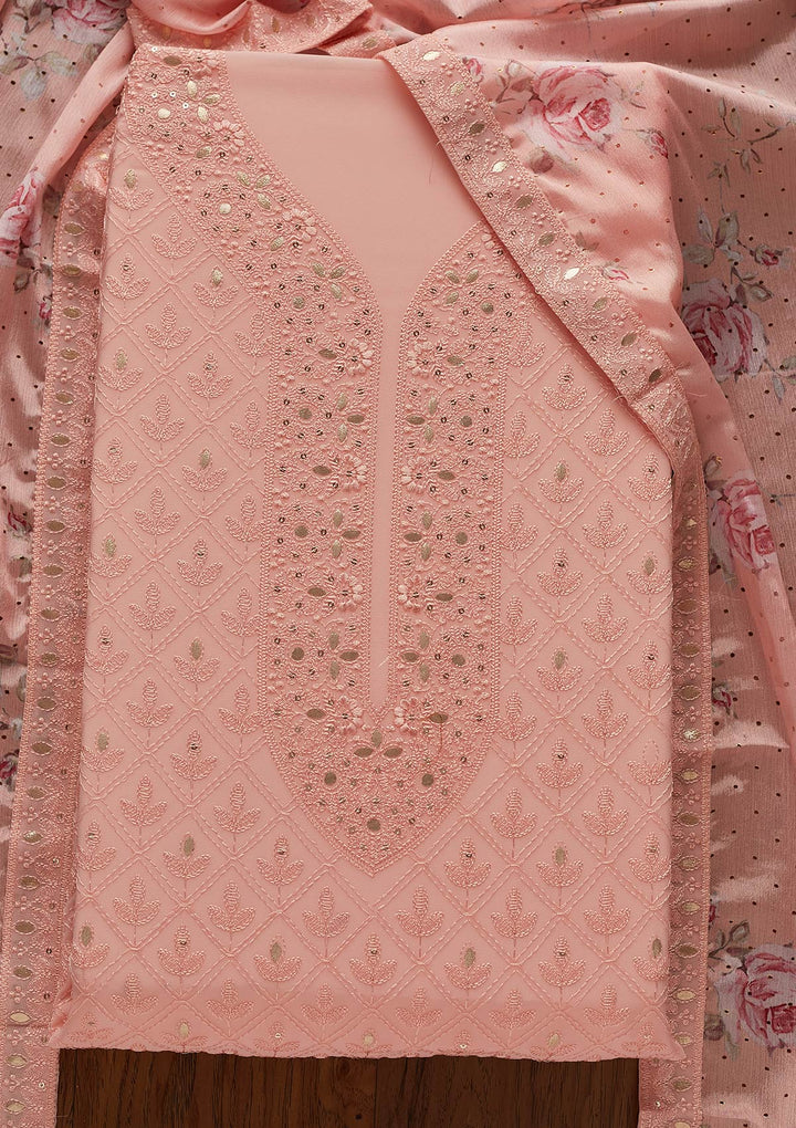 Baby Pink Threadwork Georgette Designer Unstitched Salwar Suit - koskii