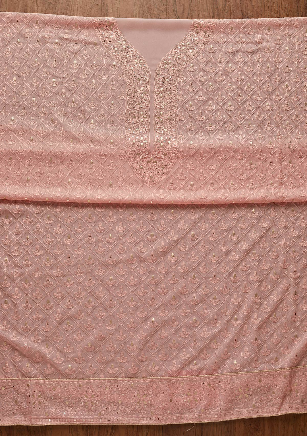 Baby Pink Threadwork Georgette Designer Unstitched Salwar Suit - koskii