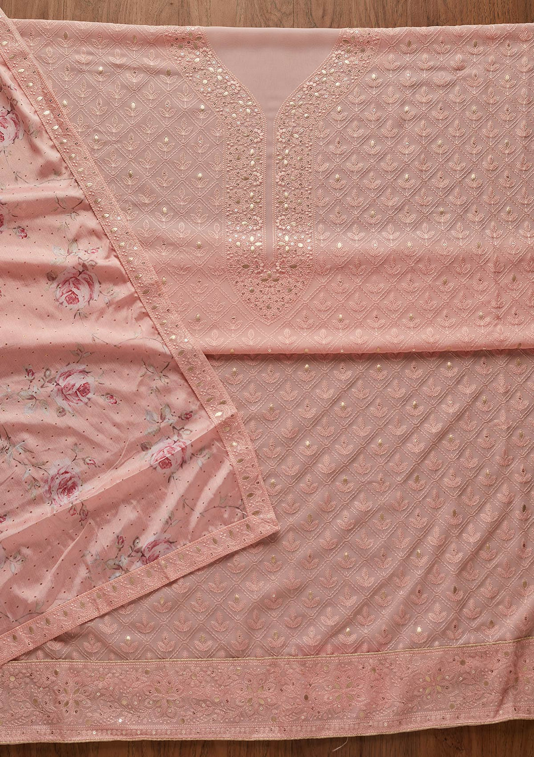 Baby Pink Threadwork Georgette Designer Unstitched Salwar Suit - koskii