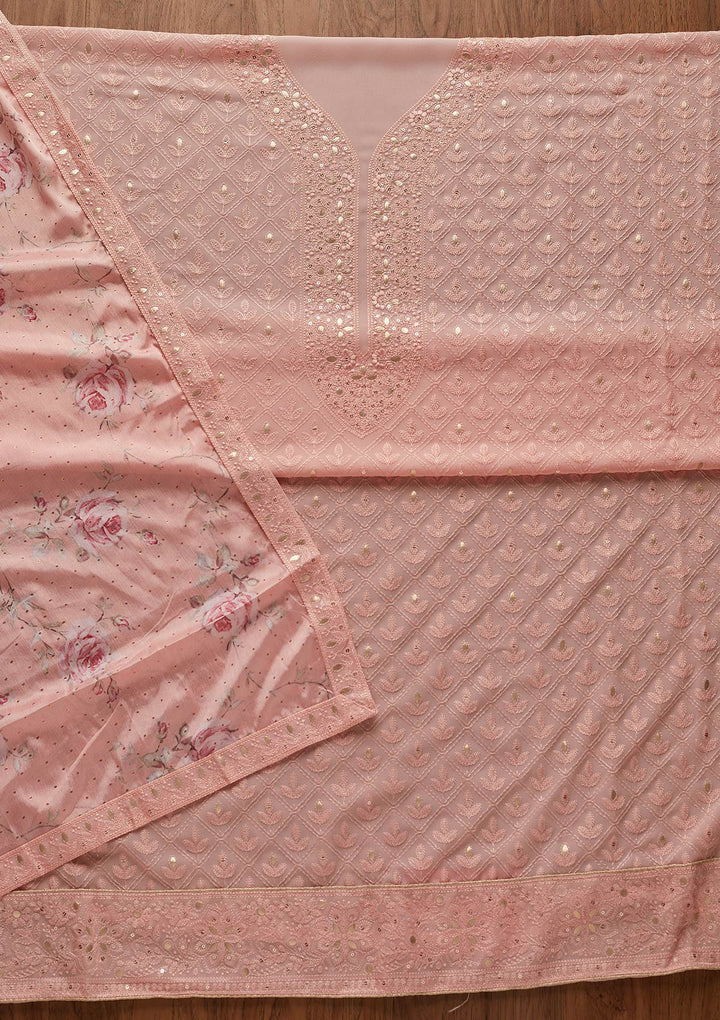 Baby Pink Threadwork Georgette Designer Unstitched Salwar Suit - koskii
