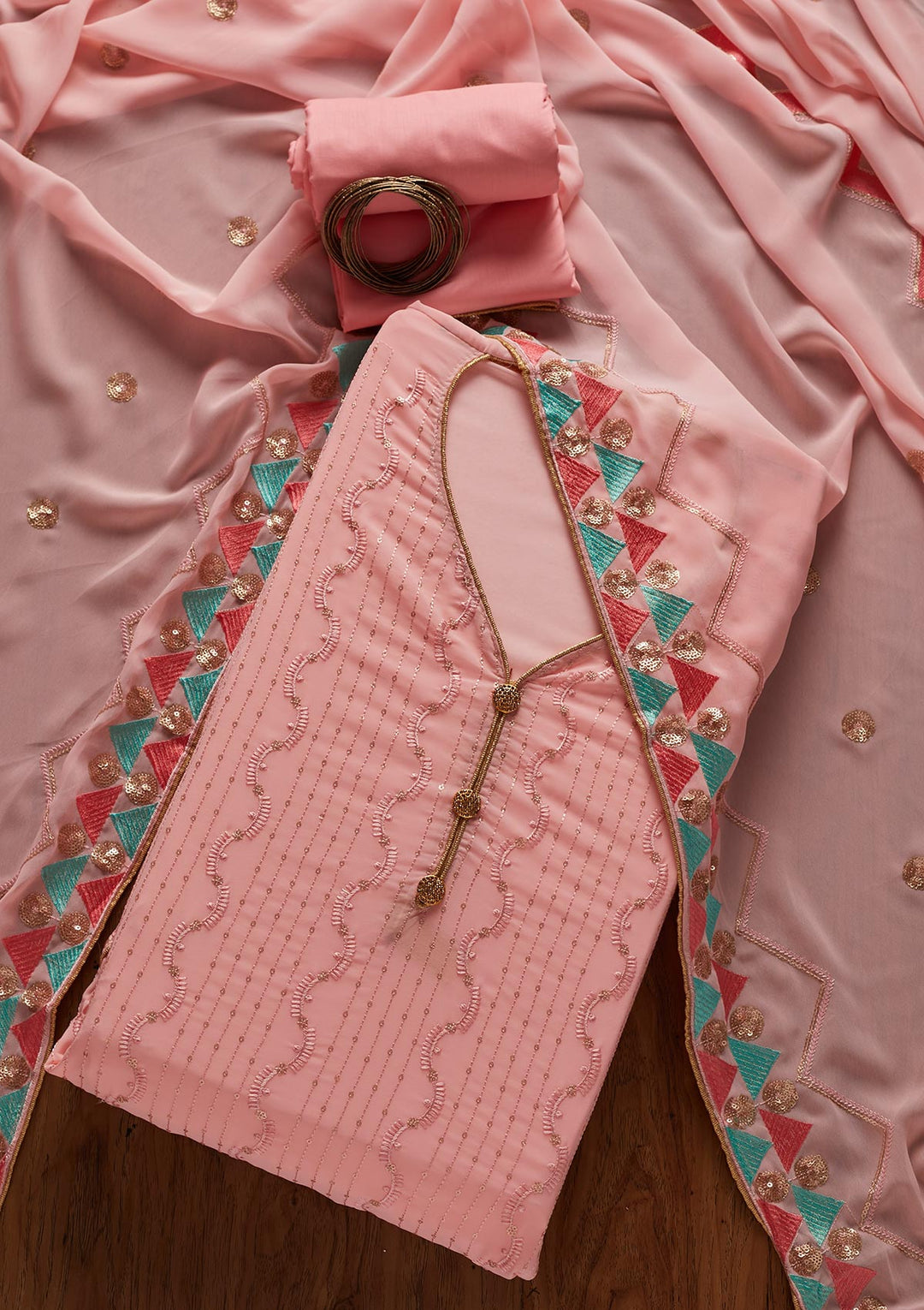 Baby Pink Threadwork Georgette Designer Unstitched Salwar Suit - koskii