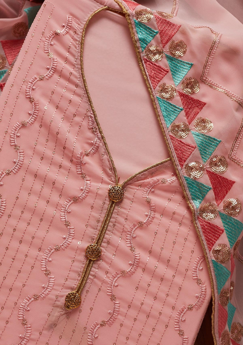 Baby Pink Threadwork Georgette Designer Unstitched Salwar Suit - koskii