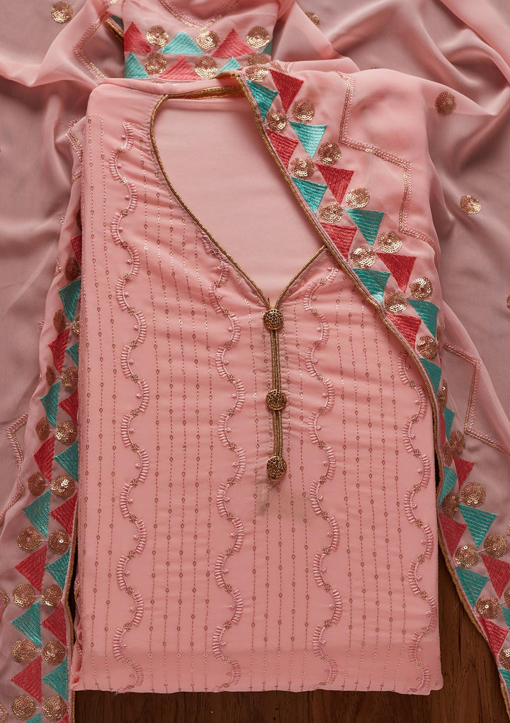 Baby Pink Threadwork Georgette Designer Unstitched Salwar Suit - koskii