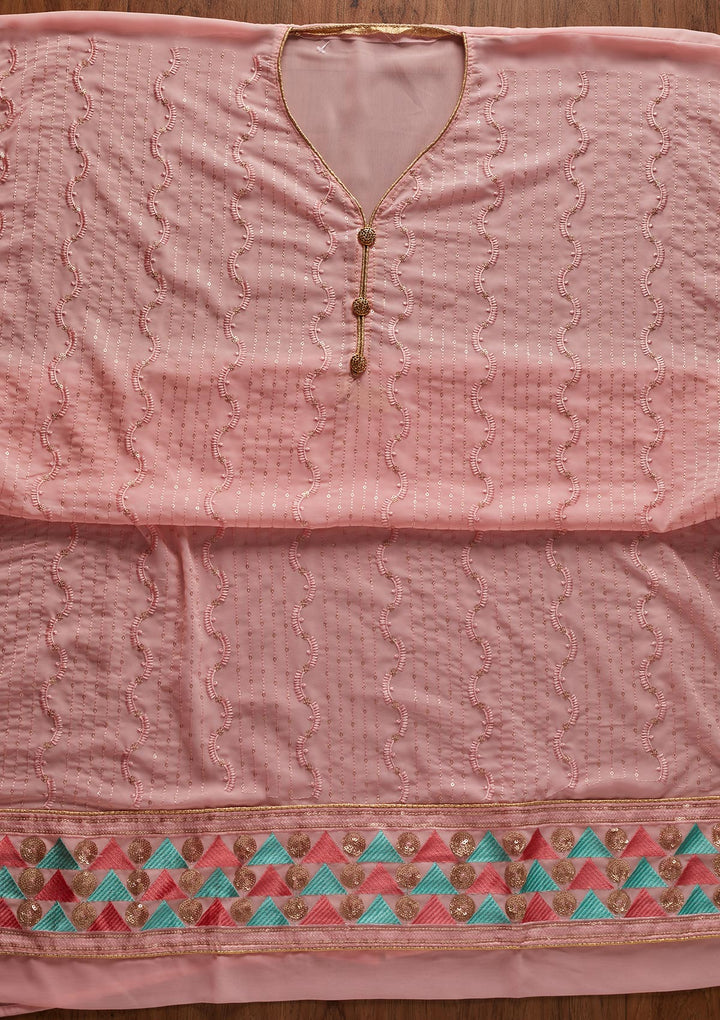 Baby Pink Threadwork Georgette Designer Unstitched Salwar Suit - koskii