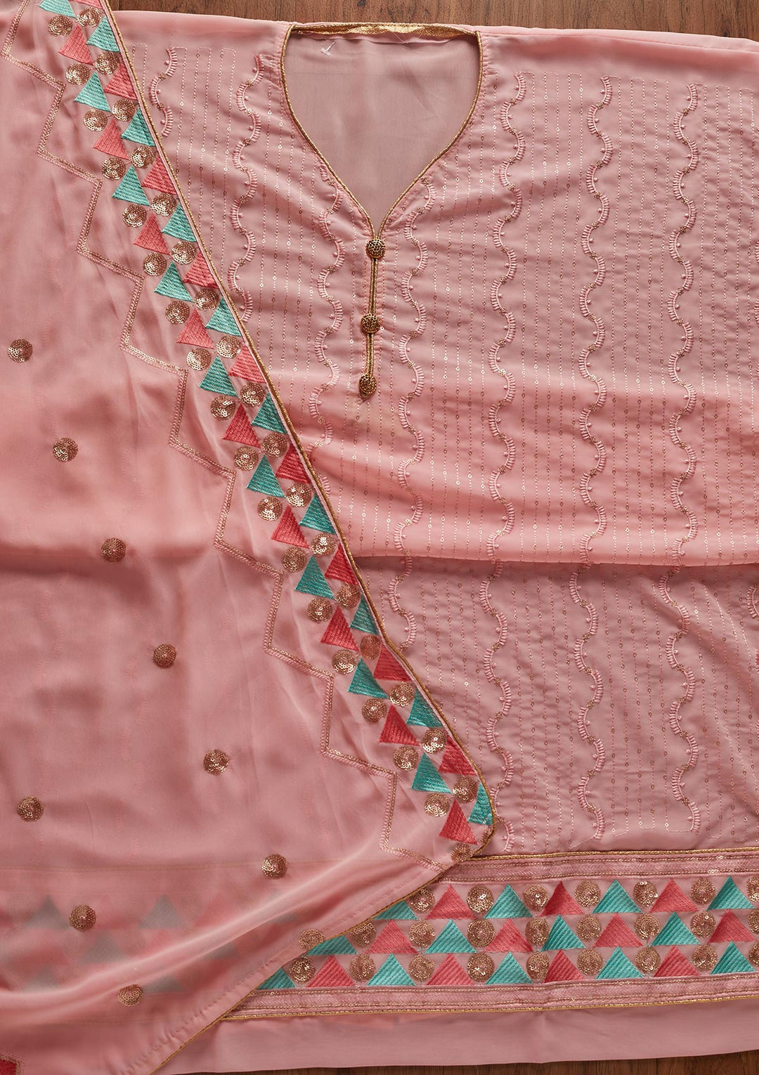 Baby Pink Threadwork Georgette Designer Unstitched Salwar Suit - koskii