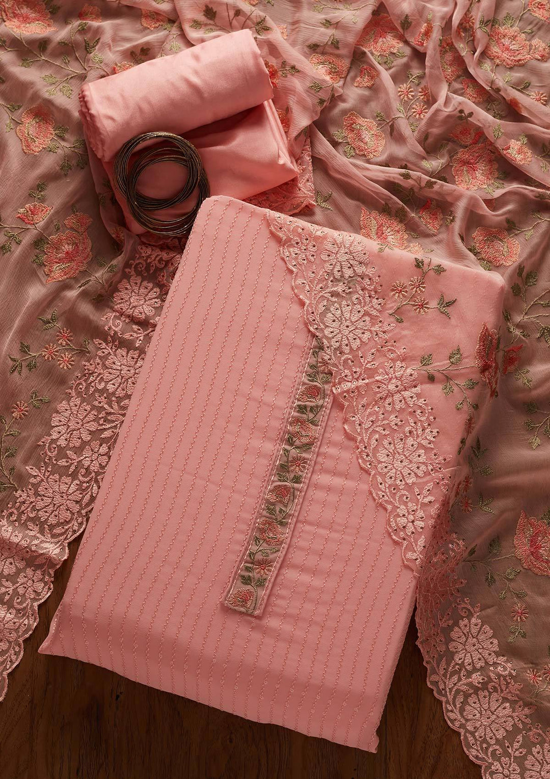Baby Pink Threadwork Georgette Designer Unstitched Salwar Suit - koskii