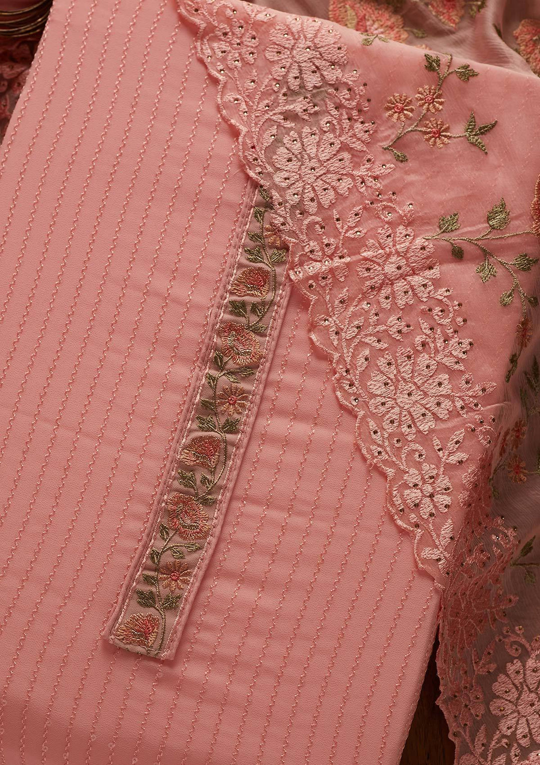 Baby Pink Threadwork Georgette Designer Unstitched Salwar Suit - koskii