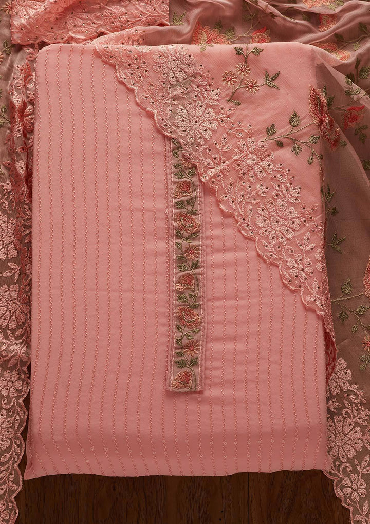 Baby Pink Threadwork Georgette Designer Unstitched Salwar Suit - koskii