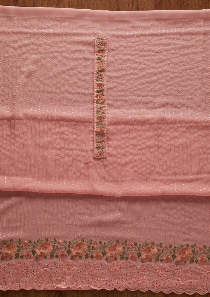 Baby Pink Threadwork Georgette Designer Unstitched Salwar Suit - koskii