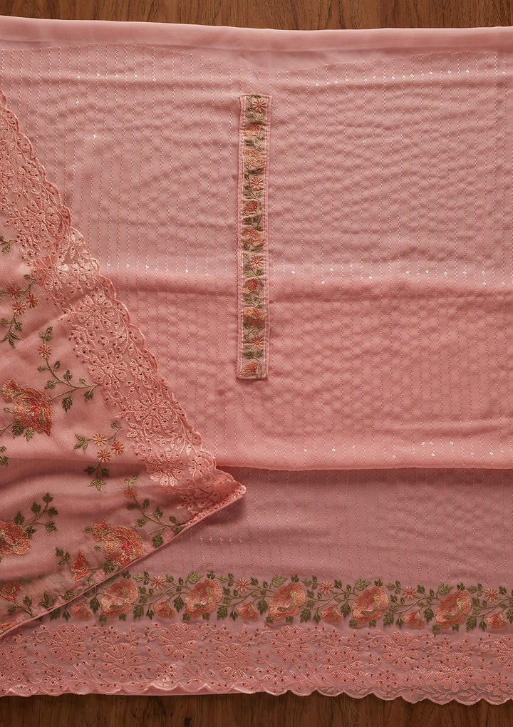 Baby Pink Threadwork Georgette Designer Unstitched Salwar Suit - koskii