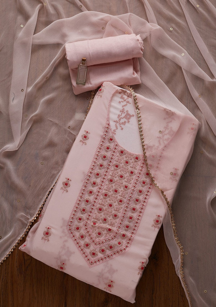 Baby Pink Threadwork Georgette Designer Unstitched Salwar Suit - koskii