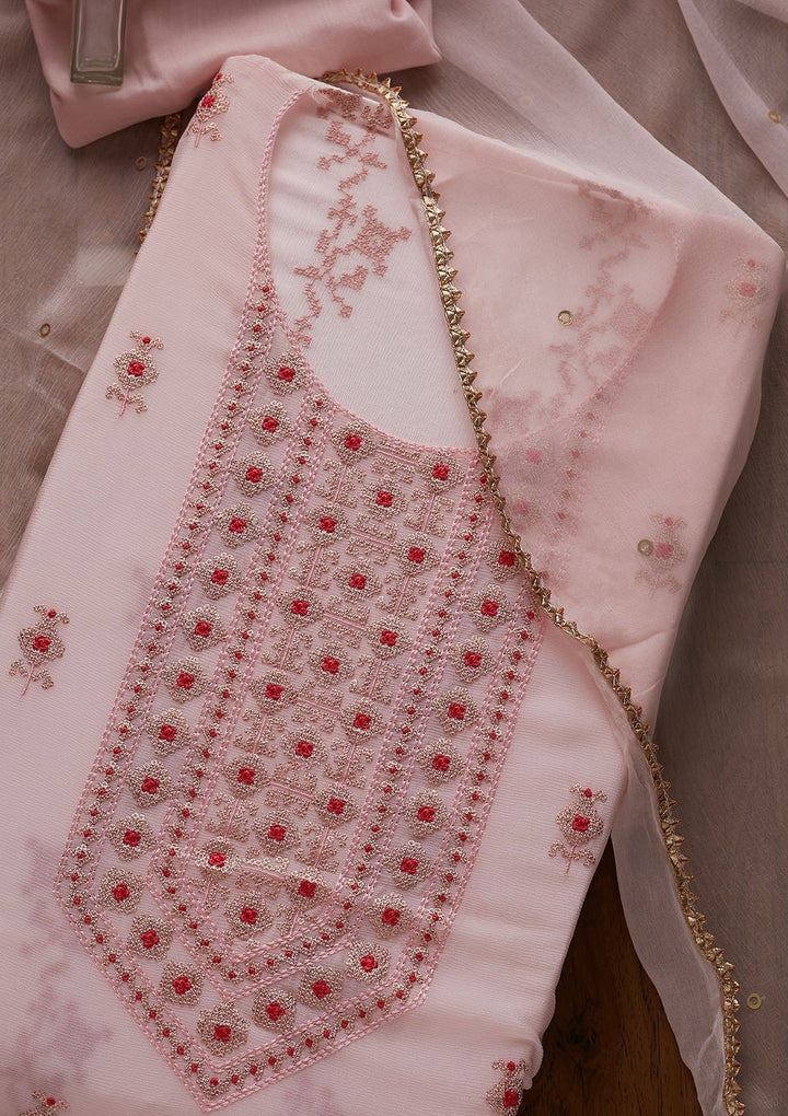 Baby Pink Threadwork Georgette Designer Unstitched Salwar Suit - koskii