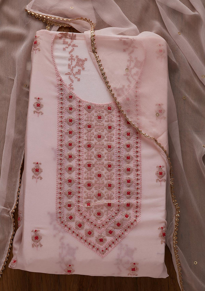 Baby Pink Threadwork Georgette Designer Unstitched Salwar Suit - koskii
