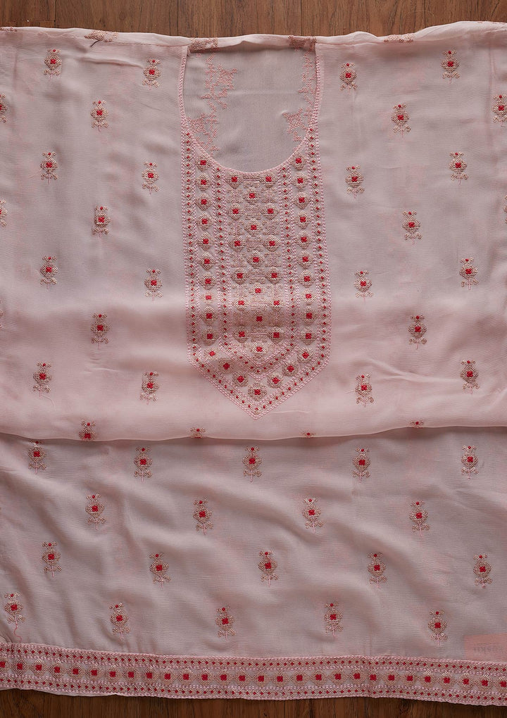 Baby Pink Threadwork Georgette Designer Unstitched Salwar Suit - koskii