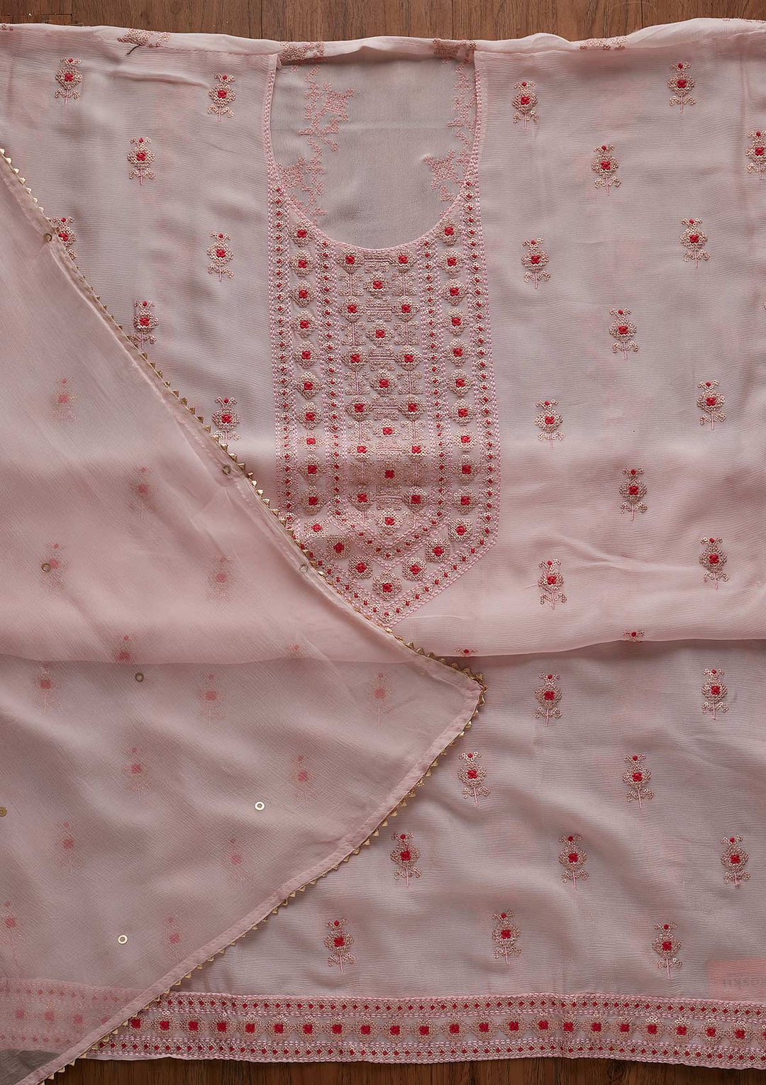 Baby Pink Threadwork Georgette Designer Unstitched Salwar Suit - koskii