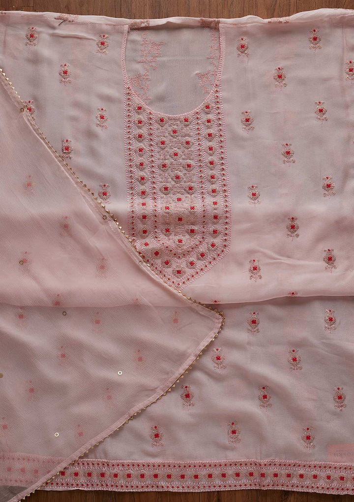 Baby Pink Threadwork Georgette Designer Unstitched Salwar Suit - koskii