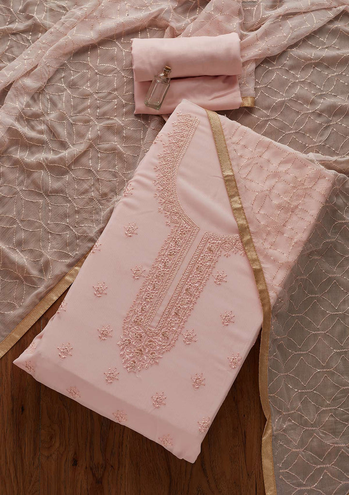 Baby Pink Threadwork Georgette Designer Unstitched Salwar Suit - Koskii