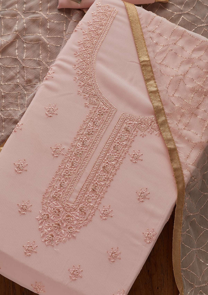 Baby Pink Threadwork Georgette Designer Unstitched Salwar Suit - Koskii