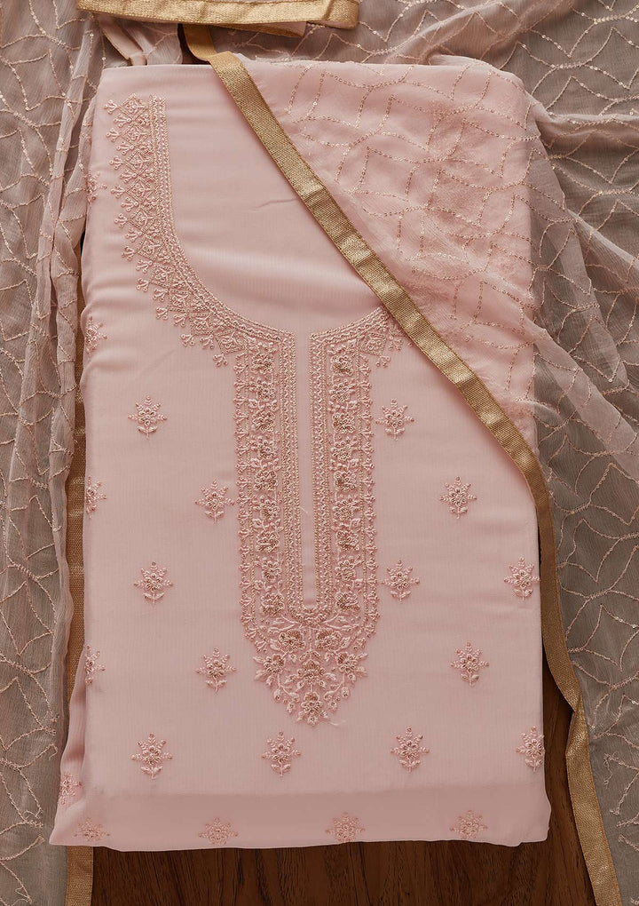 Baby Pink Threadwork Georgette Designer Unstitched Salwar Suit - Koskii