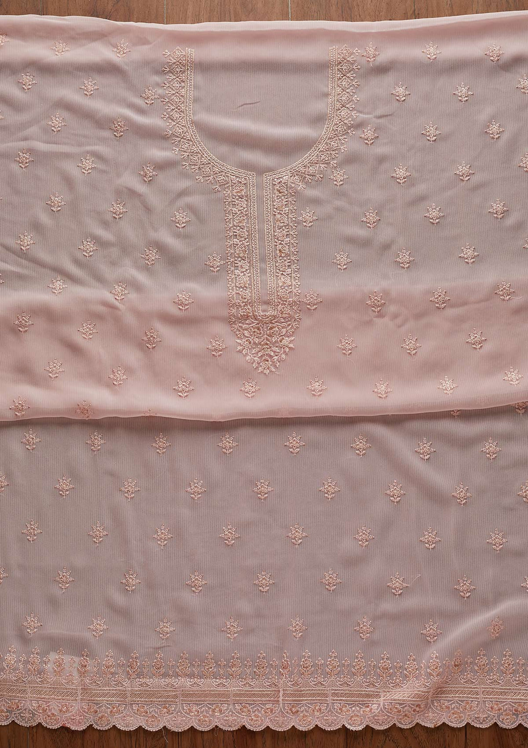Baby Pink Threadwork Georgette Designer Unstitched Salwar Suit - Koskii