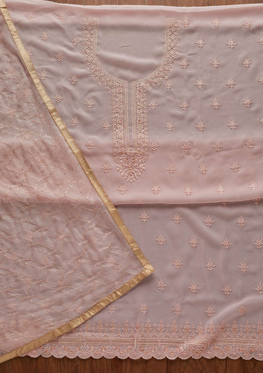 Baby Pink Threadwork Georgette Designer Unstitched Salwar Suit - Koskii