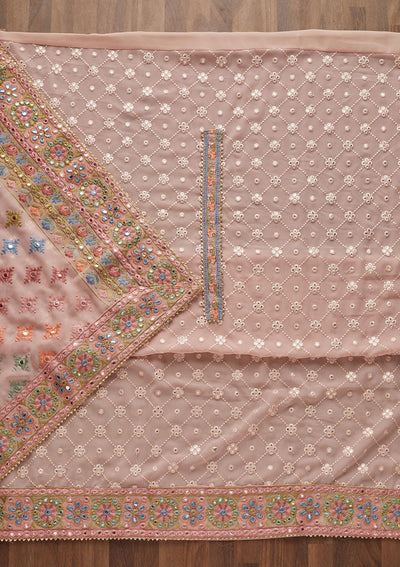 Baby Pink Threadwork Georgette Unstitched Salwar Suit - Koskii