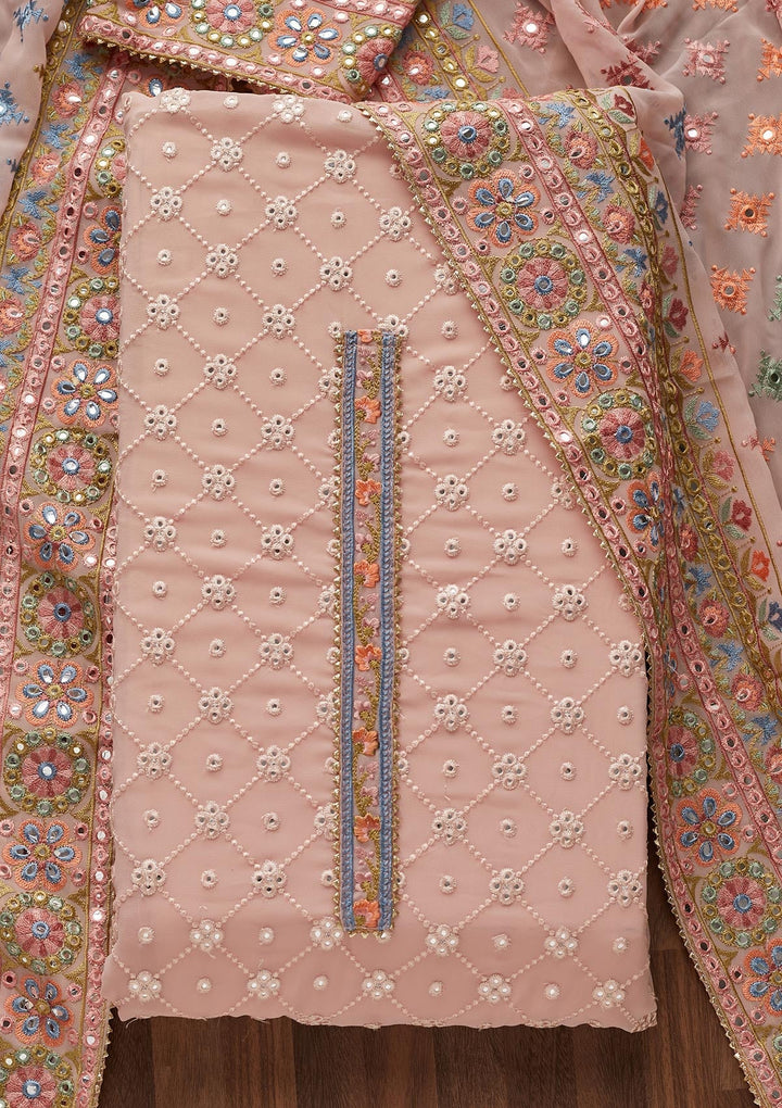 Baby Pink Threadwork Georgette Unstitched Salwar Suit - Koskii