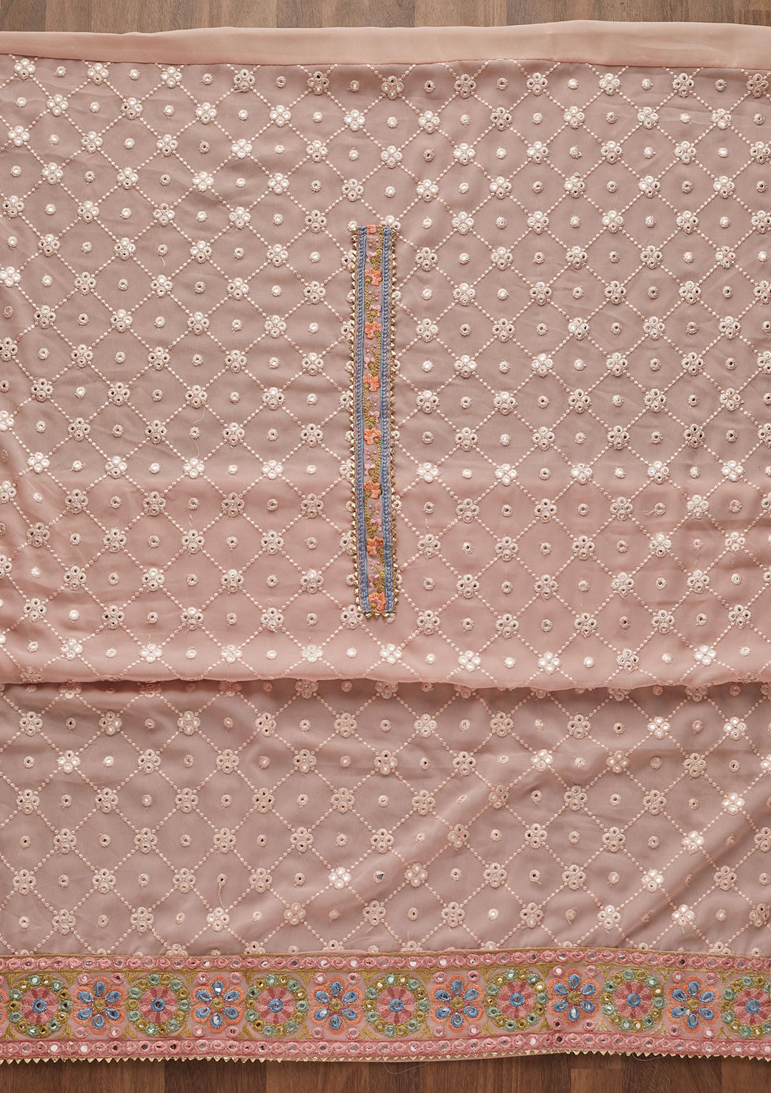 Baby Pink Threadwork Georgette Unstitched Salwar Suit - Koskii