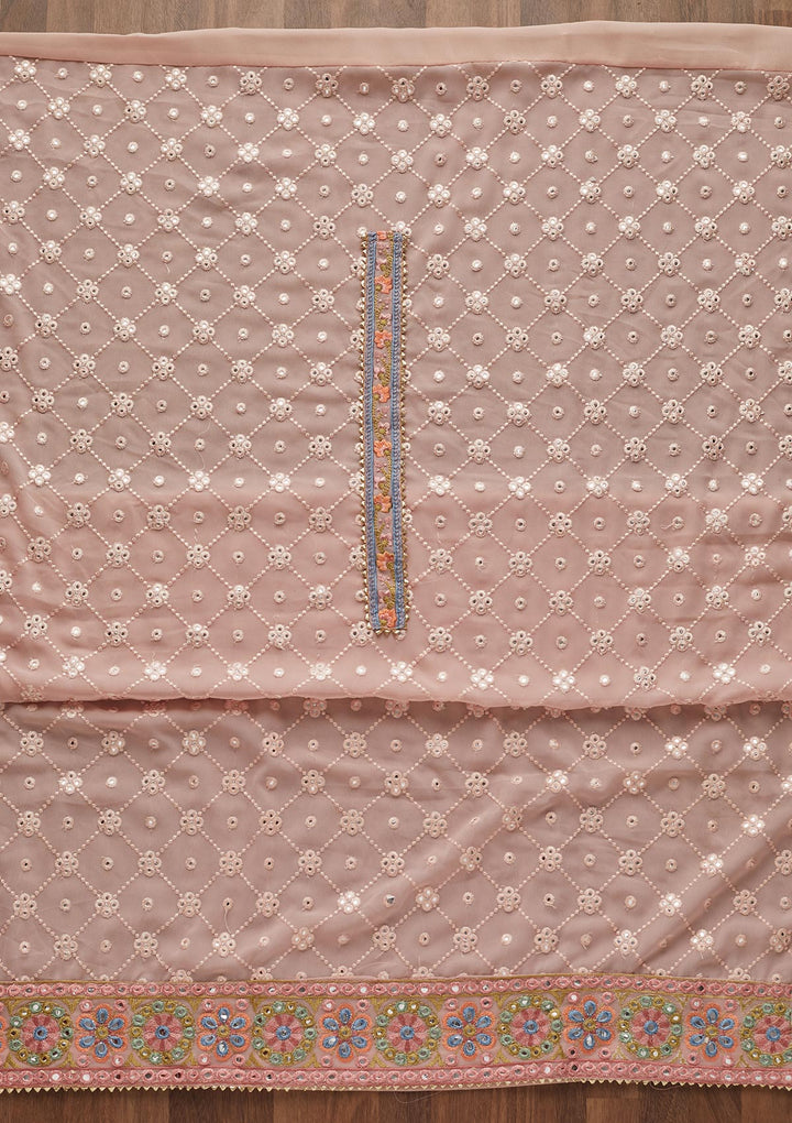 Baby Pink Threadwork Georgette Unstitched Salwar Suit - Koskii
