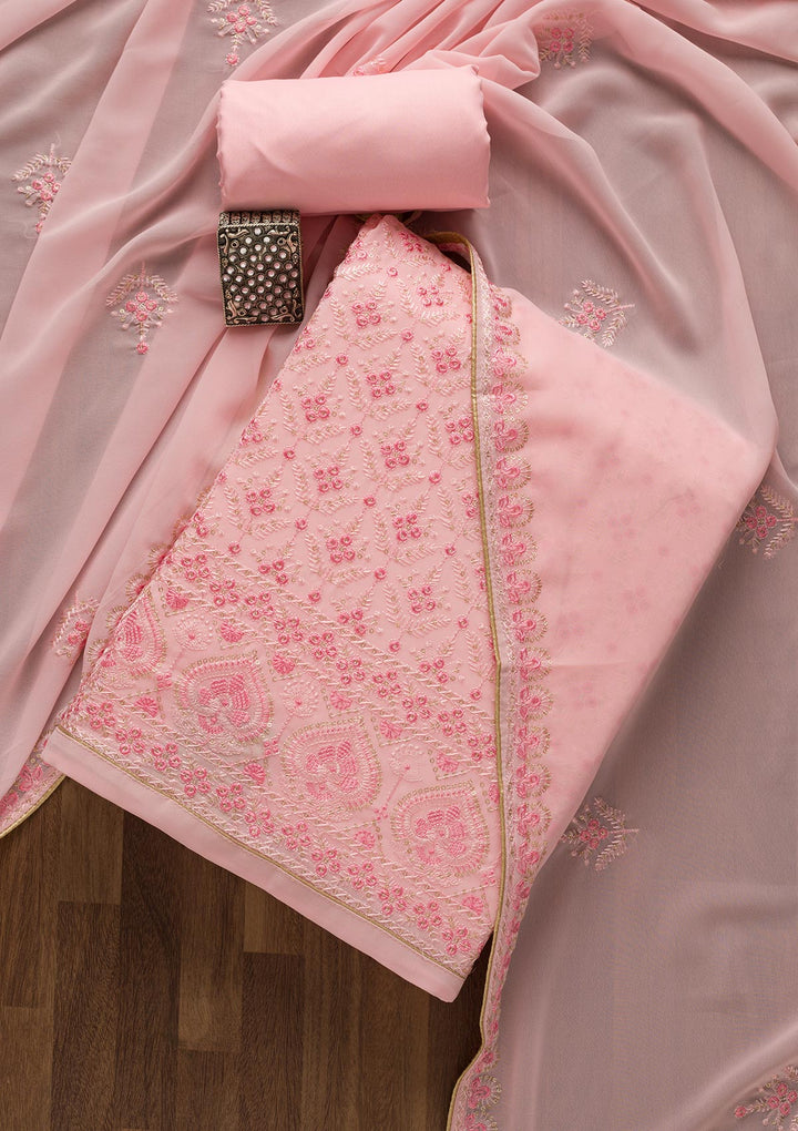 Baby Pink Threadwork Georgette Unstitched Salwar Suit-Koskii