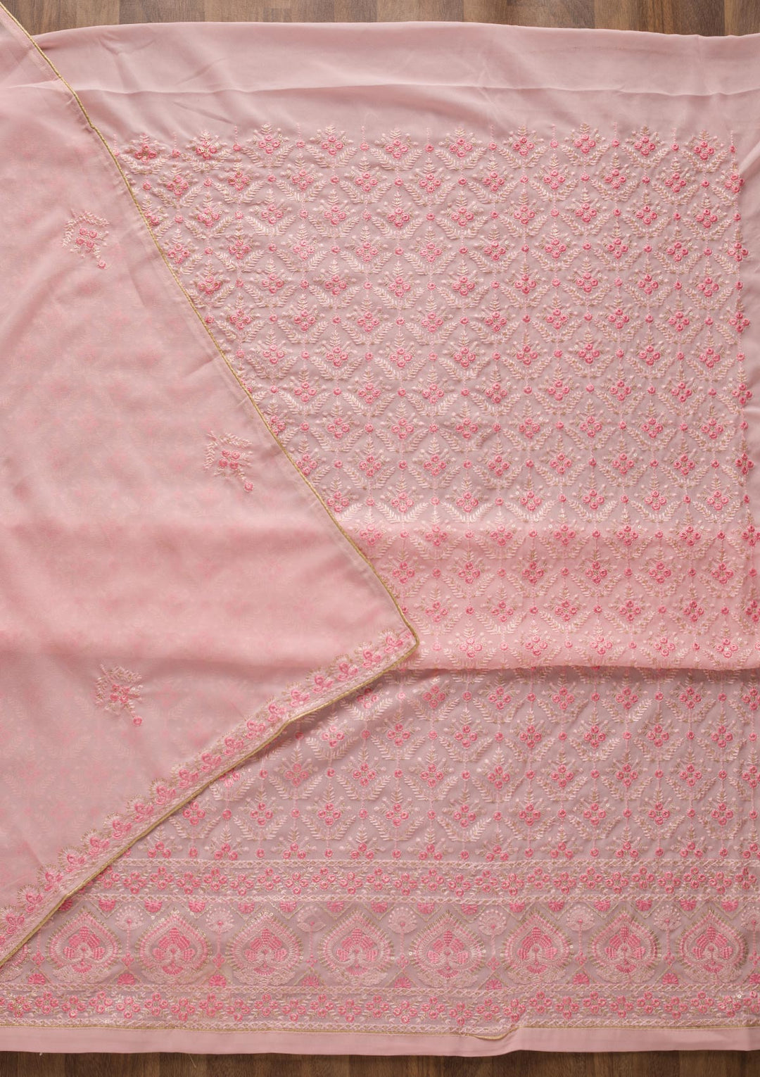 Baby Pink Threadwork Georgette Unstitched Salwar Suit-Koskii