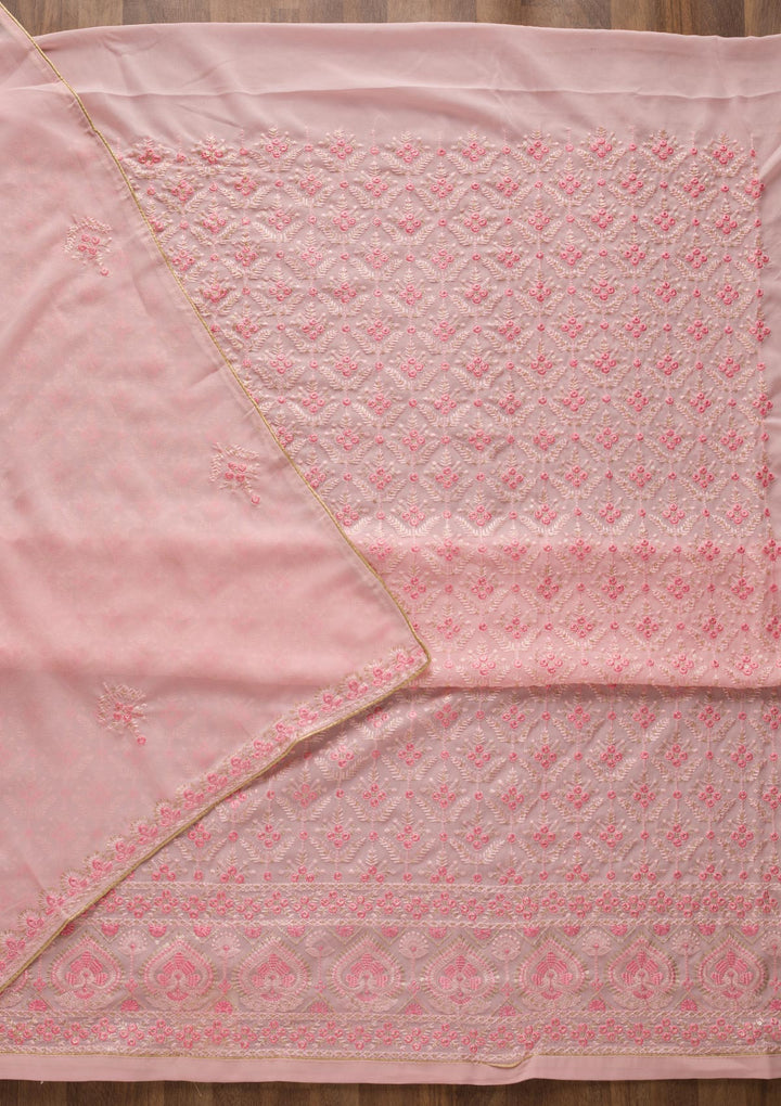 Baby Pink Threadwork Georgette Unstitched Salwar Suit-Koskii