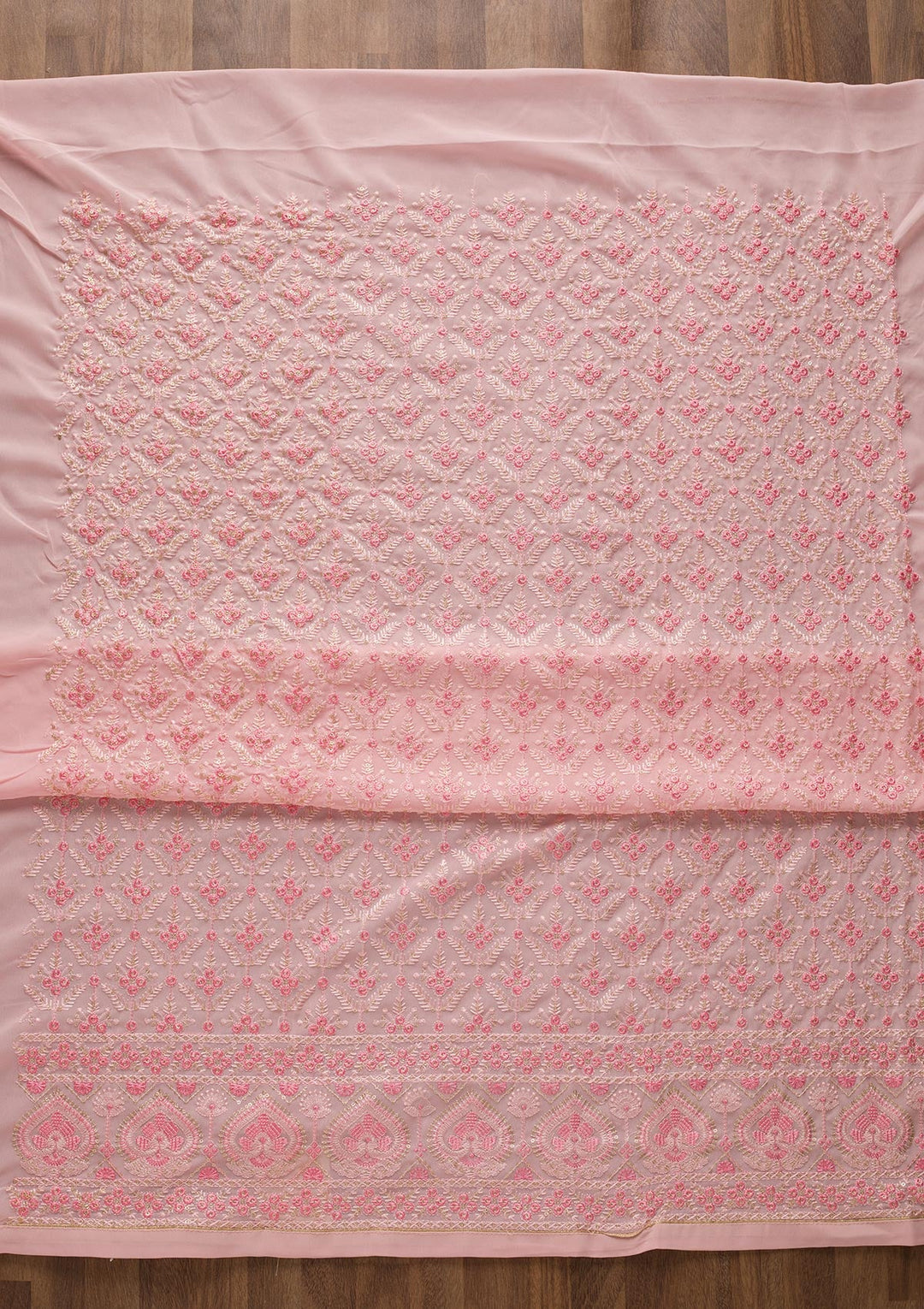 Baby Pink Threadwork Georgette Unstitched Salwar Suit-Koskii