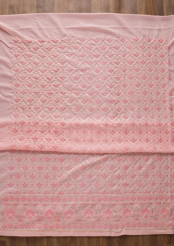 Baby Pink Threadwork Georgette Unstitched Salwar Suit-Koskii
