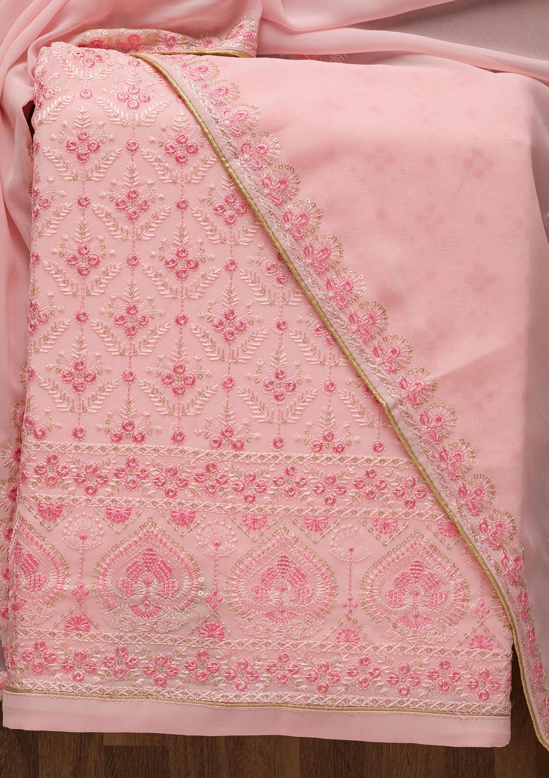 Baby Pink Threadwork Georgette Unstitched Salwar Suit-Koskii