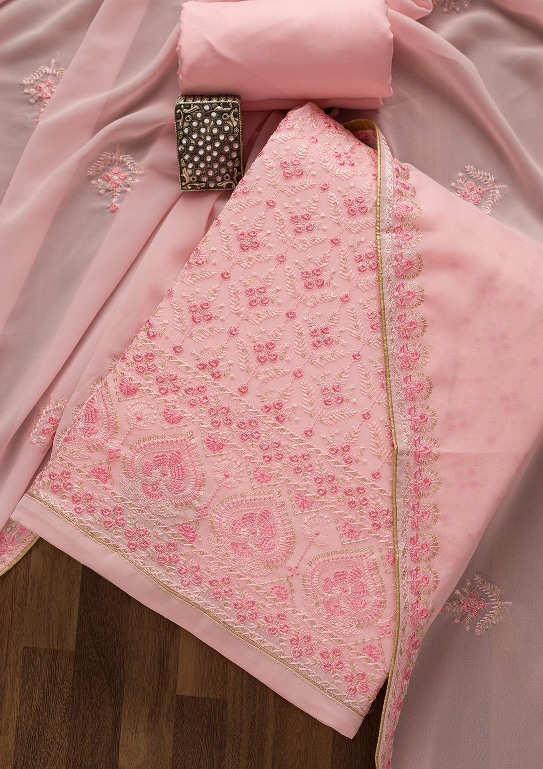 Baby Pink Threadwork Georgette Unstitched Salwar Suit-Koskii