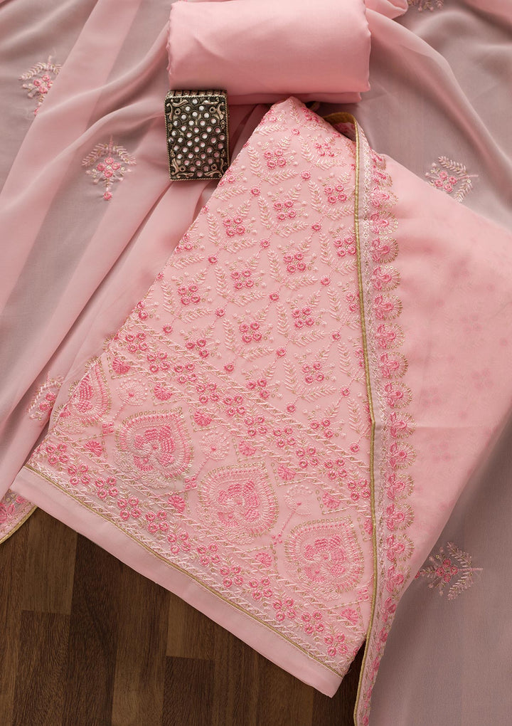 Baby Pink Threadwork Georgette Unstitched Salwar Suit-Koskii