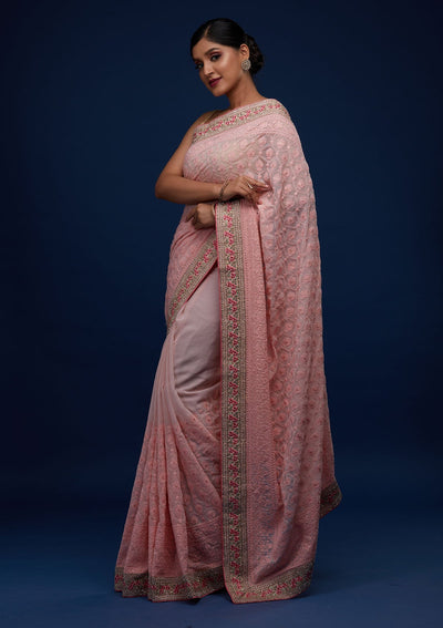 Baby Pink Threadwork Georgette Designer Saree - Koskii