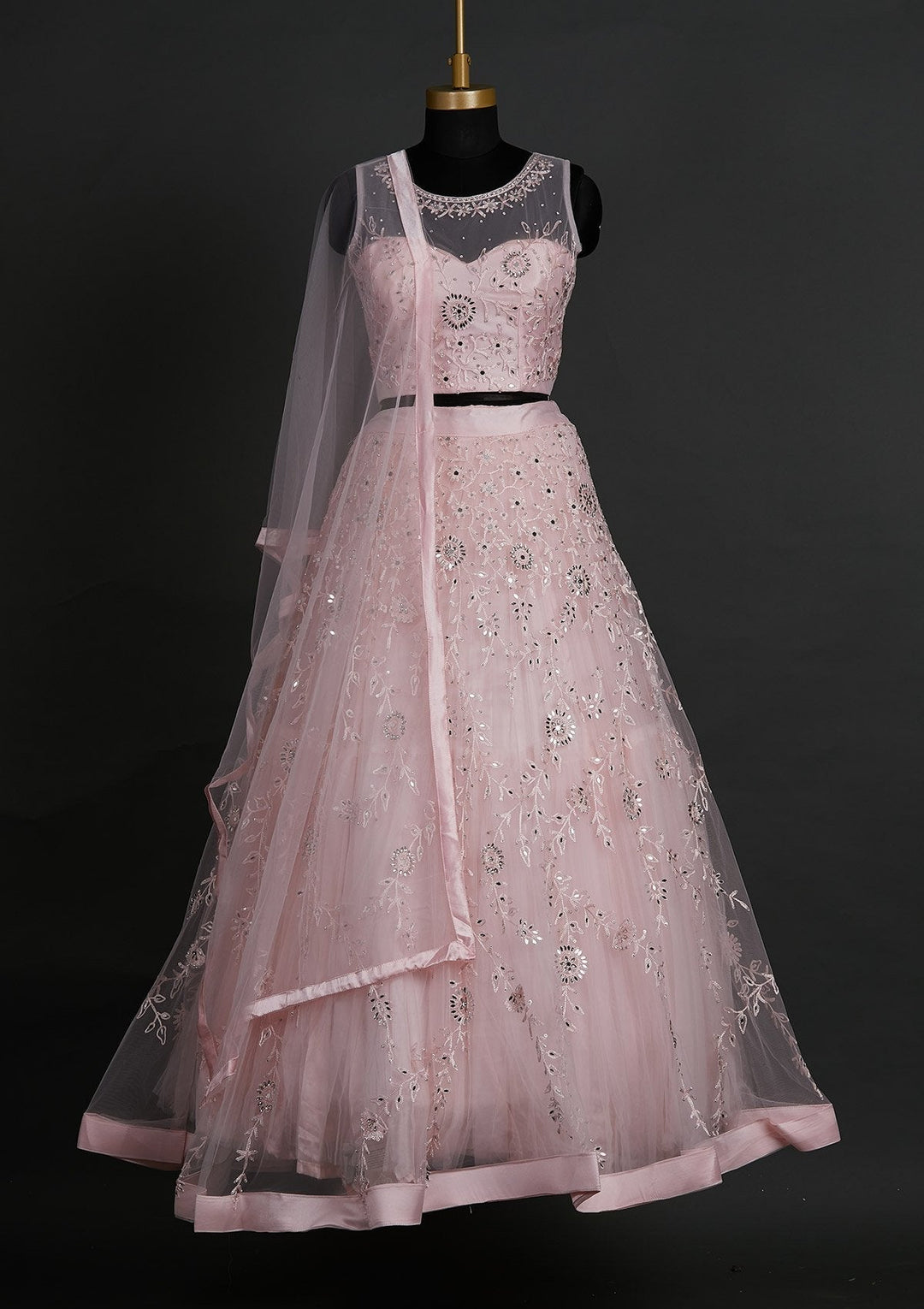 Baby Pink Threadwork Net Designer Lehenga - Koskii
