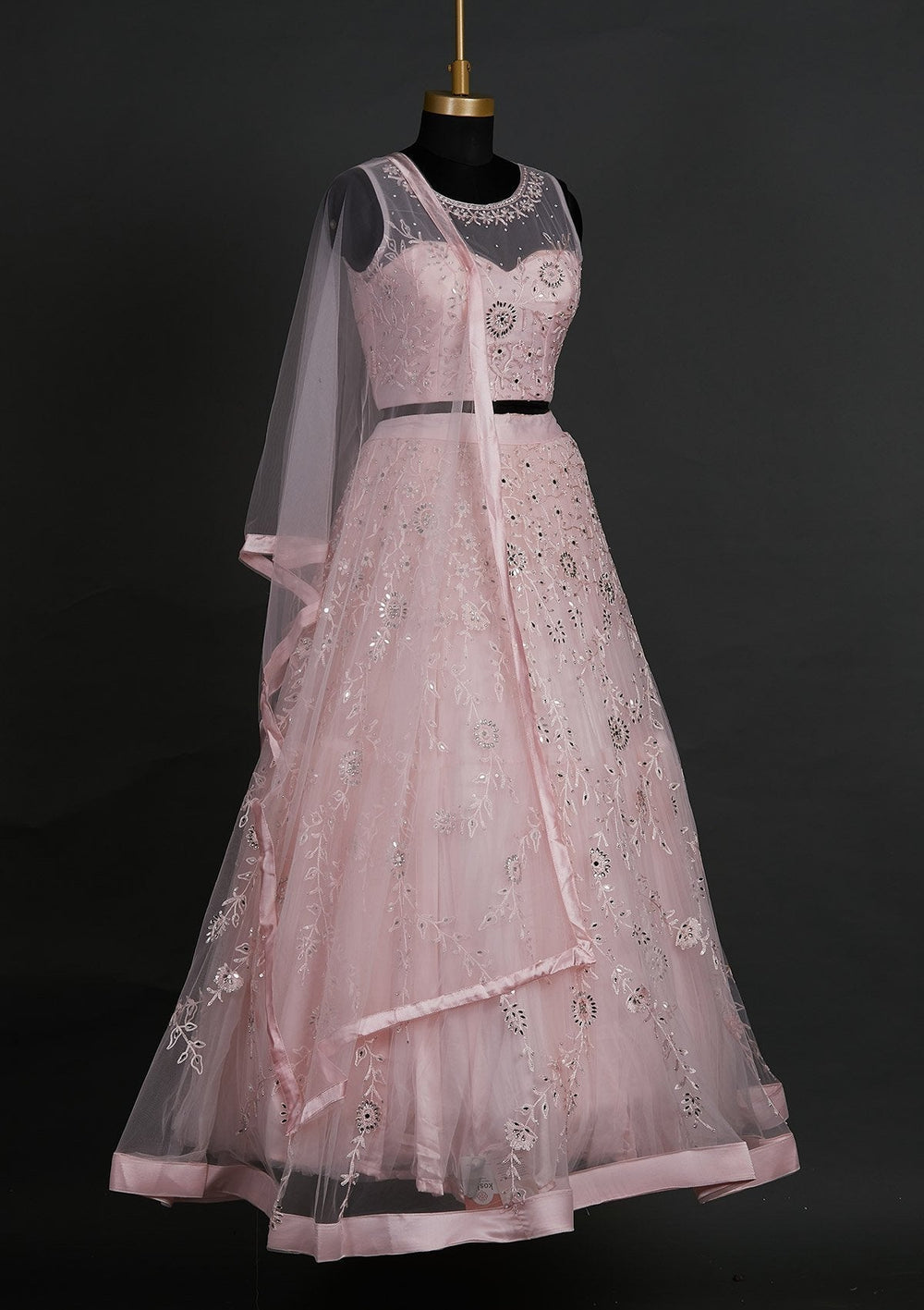 Baby Pink Threadwork Net Designer Lehenga - Koskii