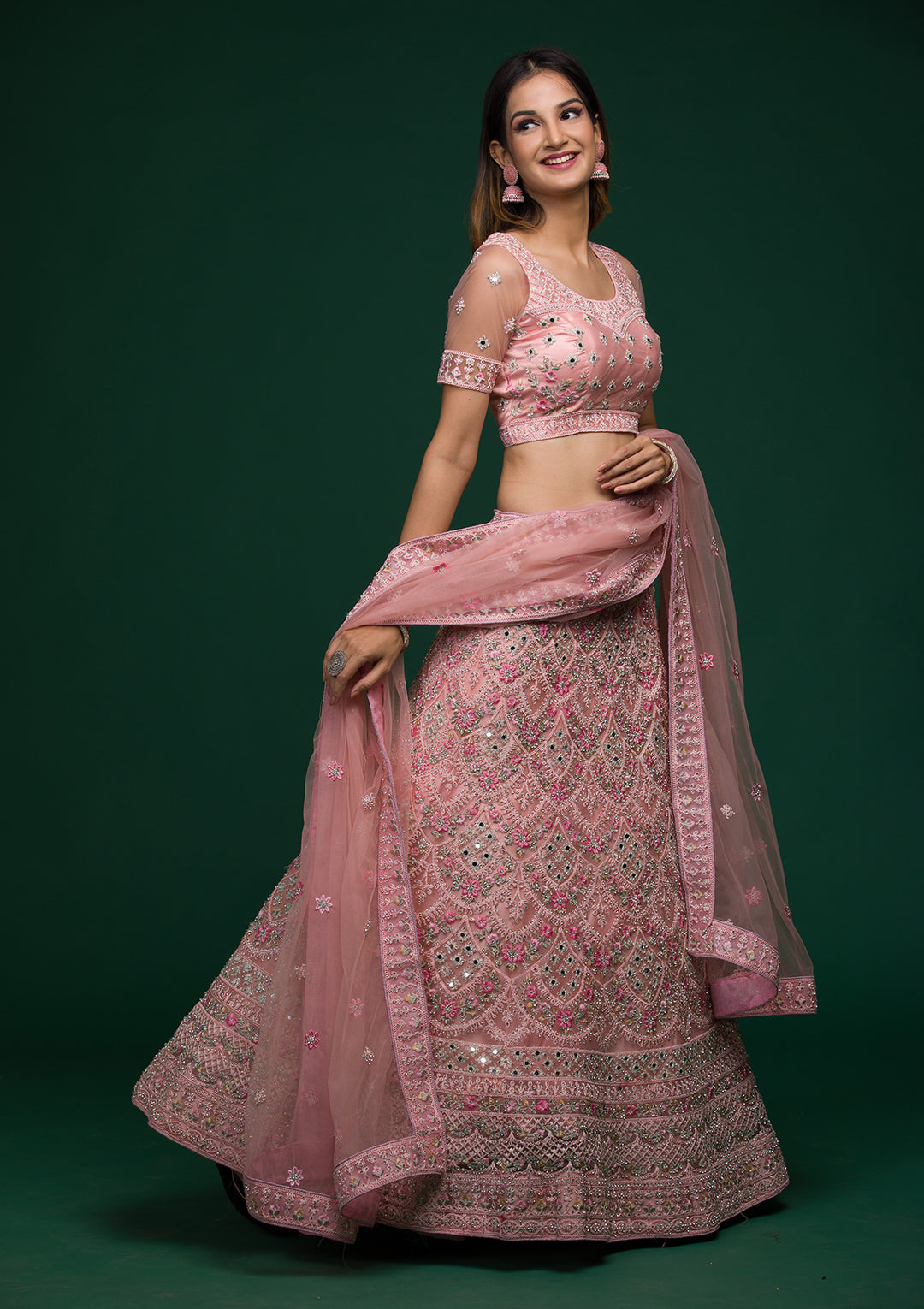 Baby Pink Threadwork Net Lehenga-Koskii