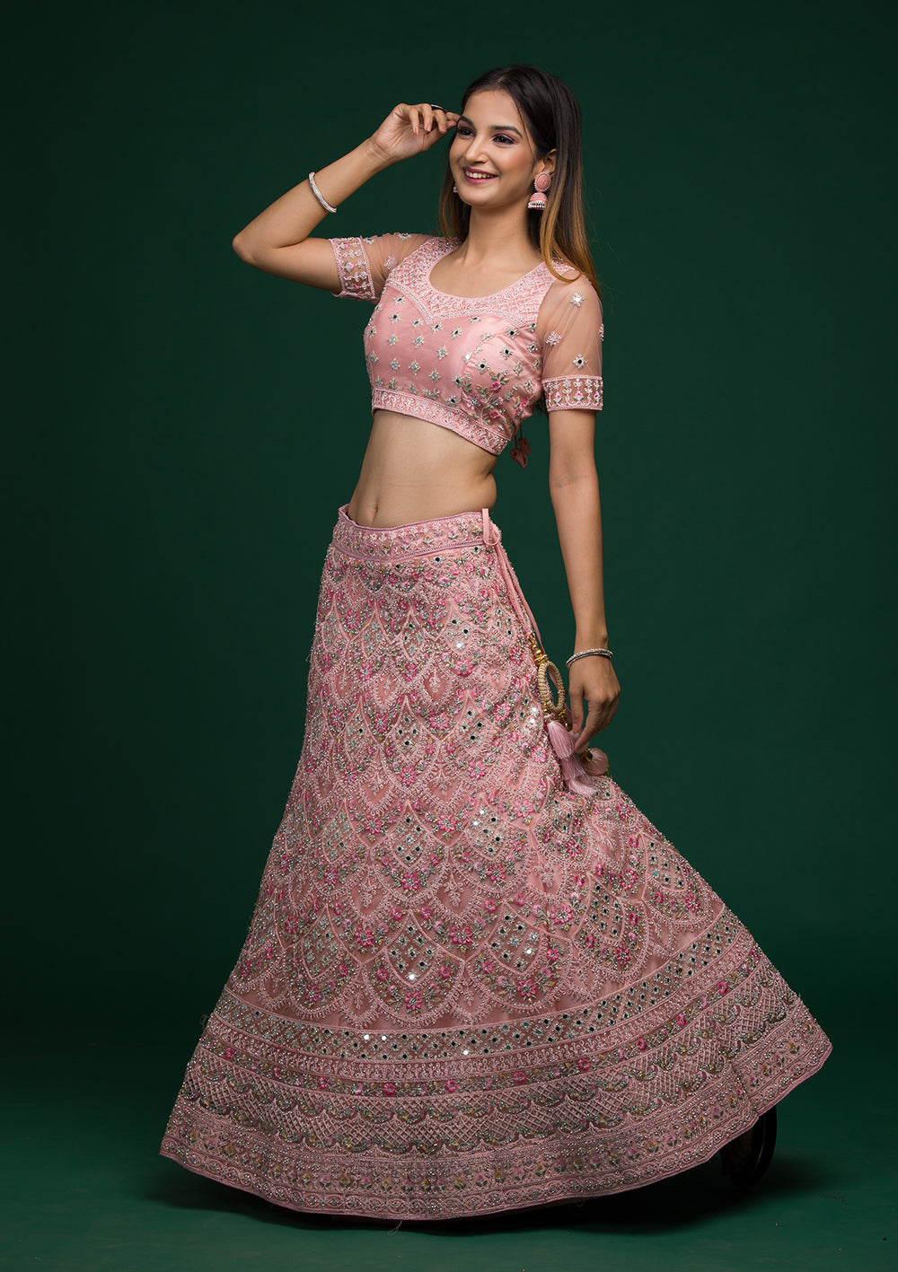 Baby Pink Threadwork Net Lehenga-Koskii