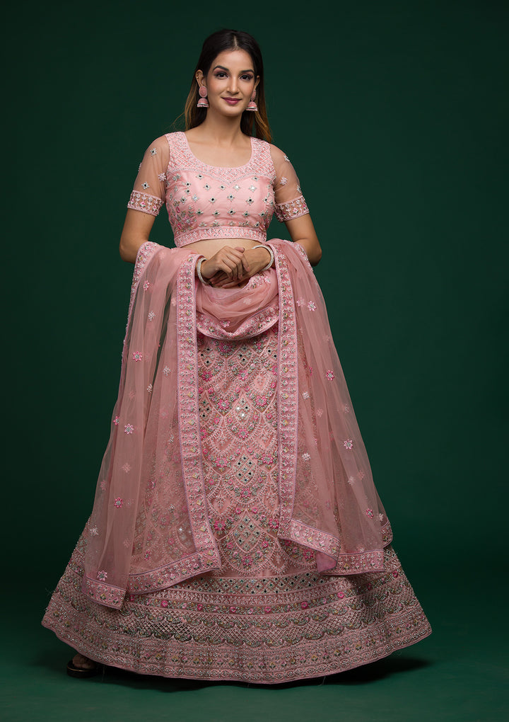 Baby Pink Threadwork Net Lehenga-Koskii