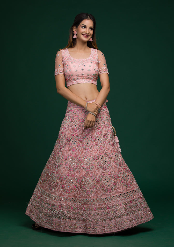 Baby Pink Threadwork Net Lehenga-Koskii