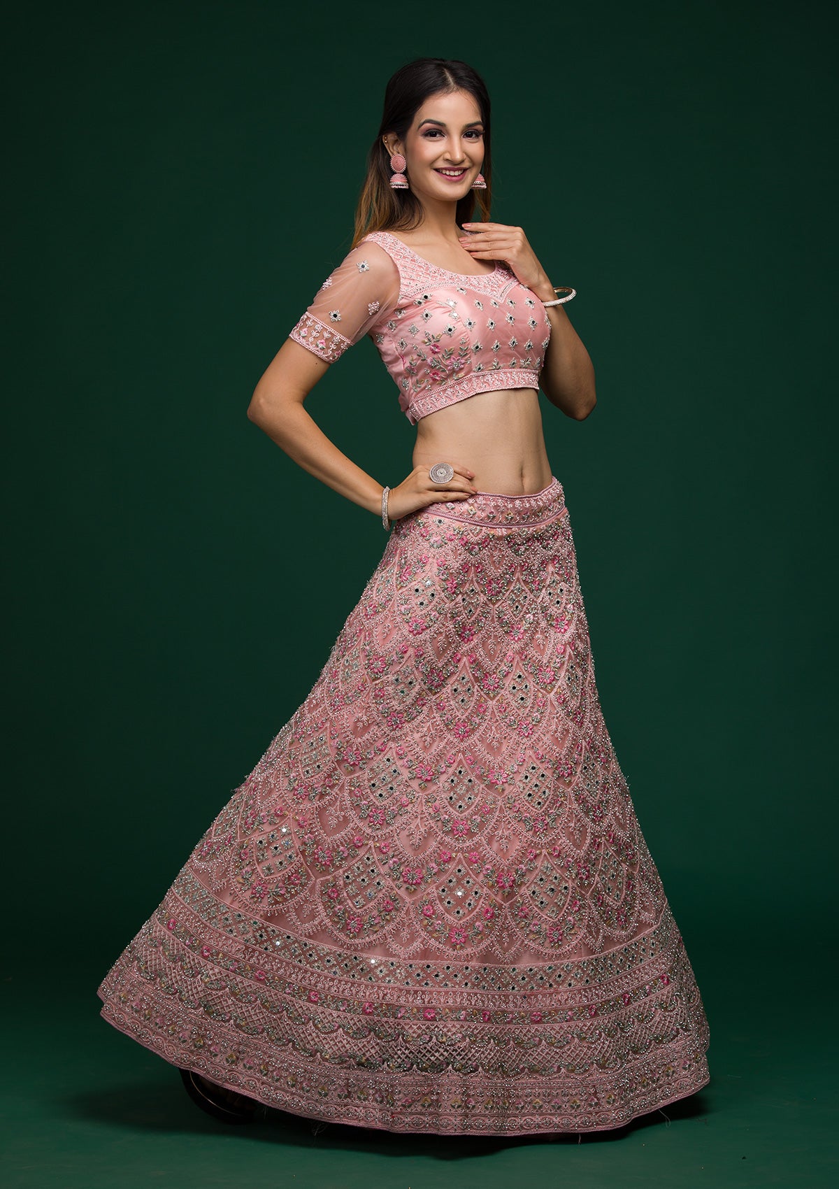 Baby Pink Threadwork Net Lehenga-Koskii