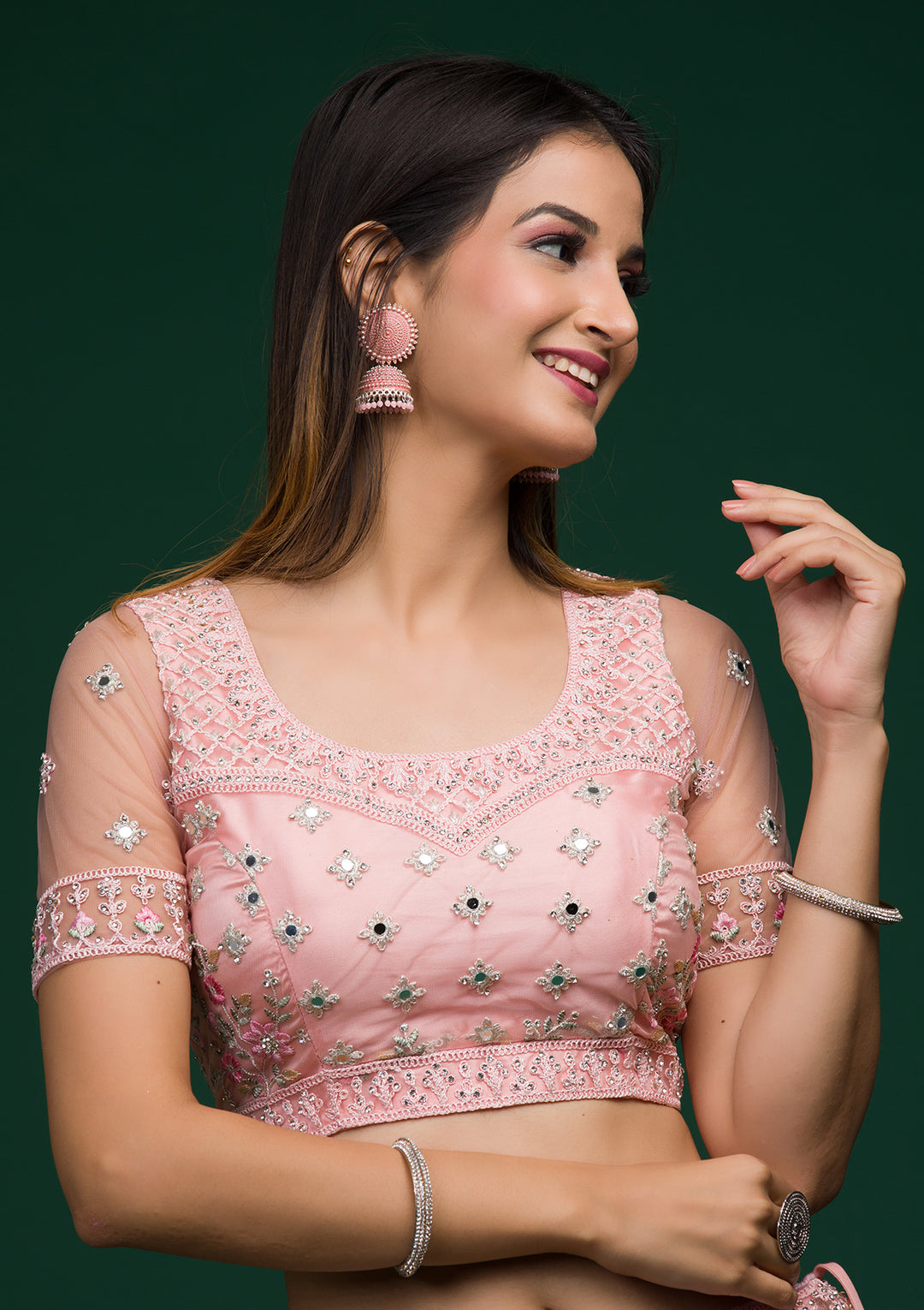 Baby Pink Threadwork Net Lehenga-Koskii