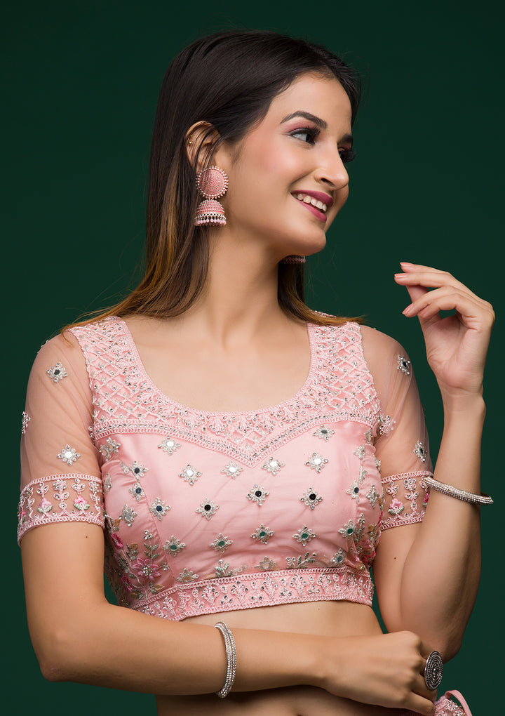 Baby Pink Threadwork Net Lehenga-Koskii