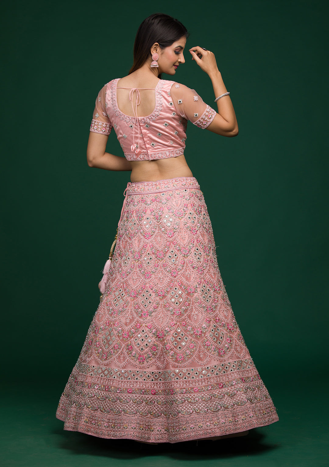 Baby Pink Threadwork Net Lehenga-Koskii