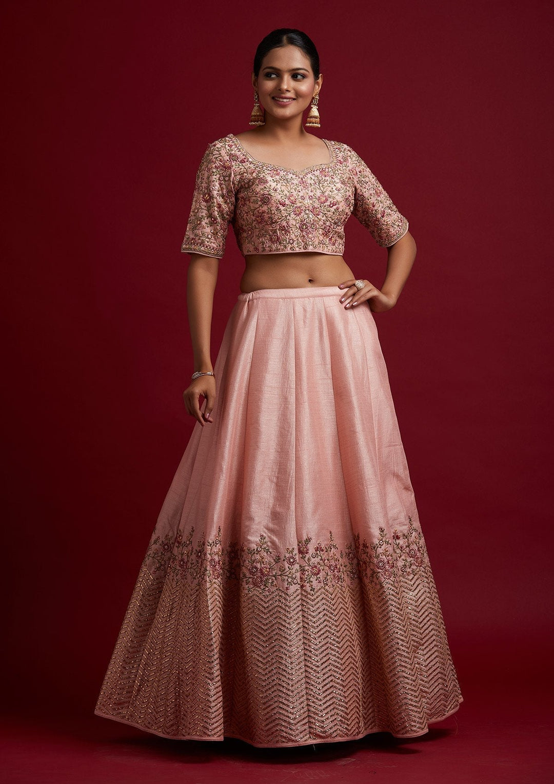 Baby Pink Threadwork Raw Silk Designer Lehenga - koskii